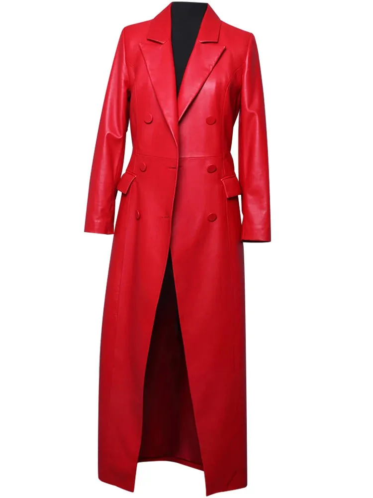 Women's Ruby Red Extra Long Faux Leather Overcoat