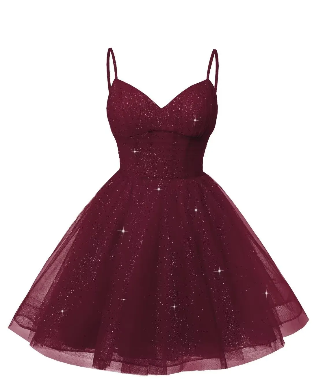 Women's V Neck Tulle Spaghetti Straps Burgundy Homecoming Dresses with Corset Back Short Prom Gowns for Teens