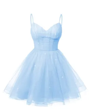 Women's V Neck Tulle Spaghetti Straps Sky Blue Homecoming Dresses with Corset Back Short Prom Gowns for Teens