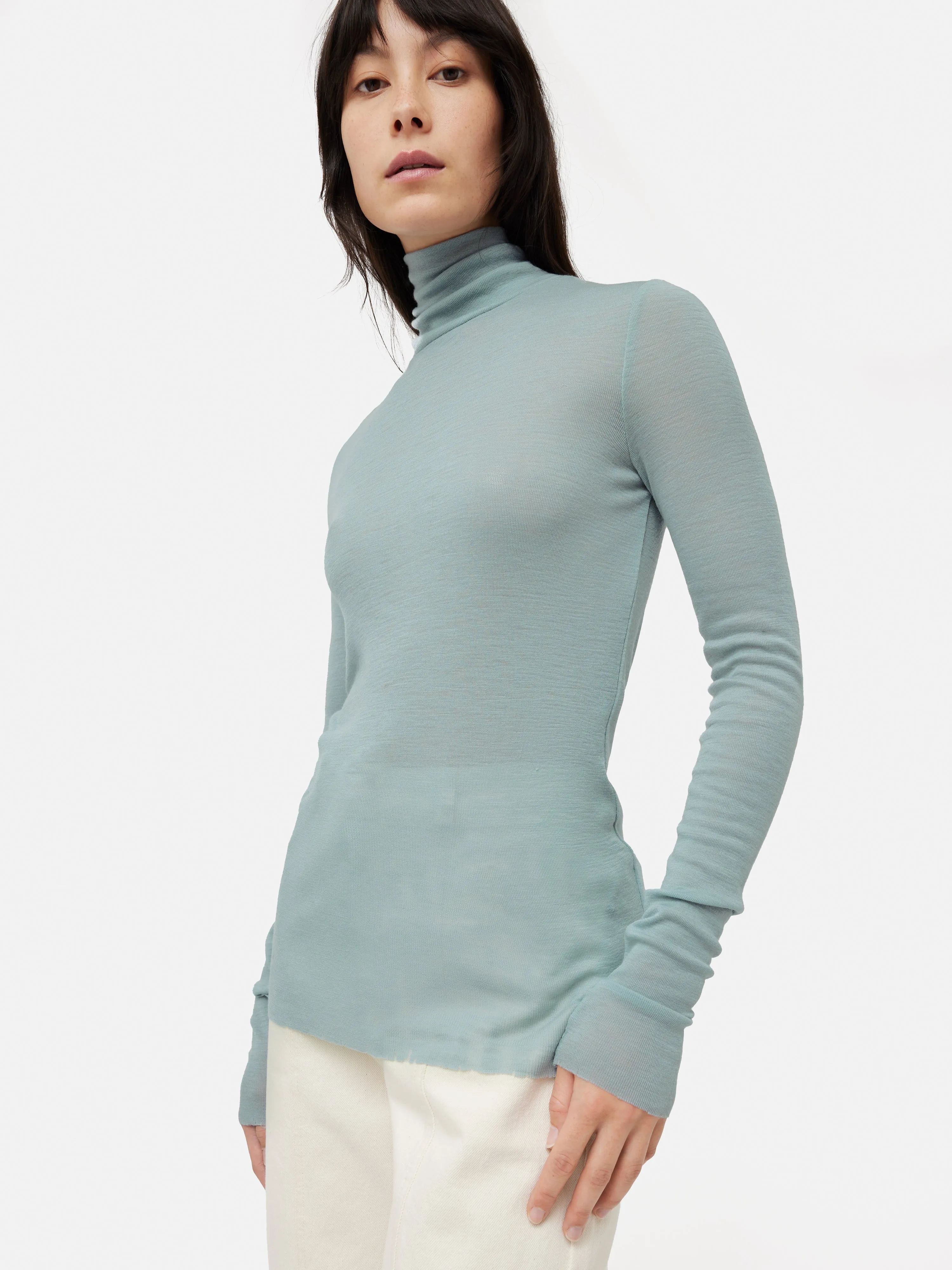 Wool Jersey Polo Neck Top | Blue