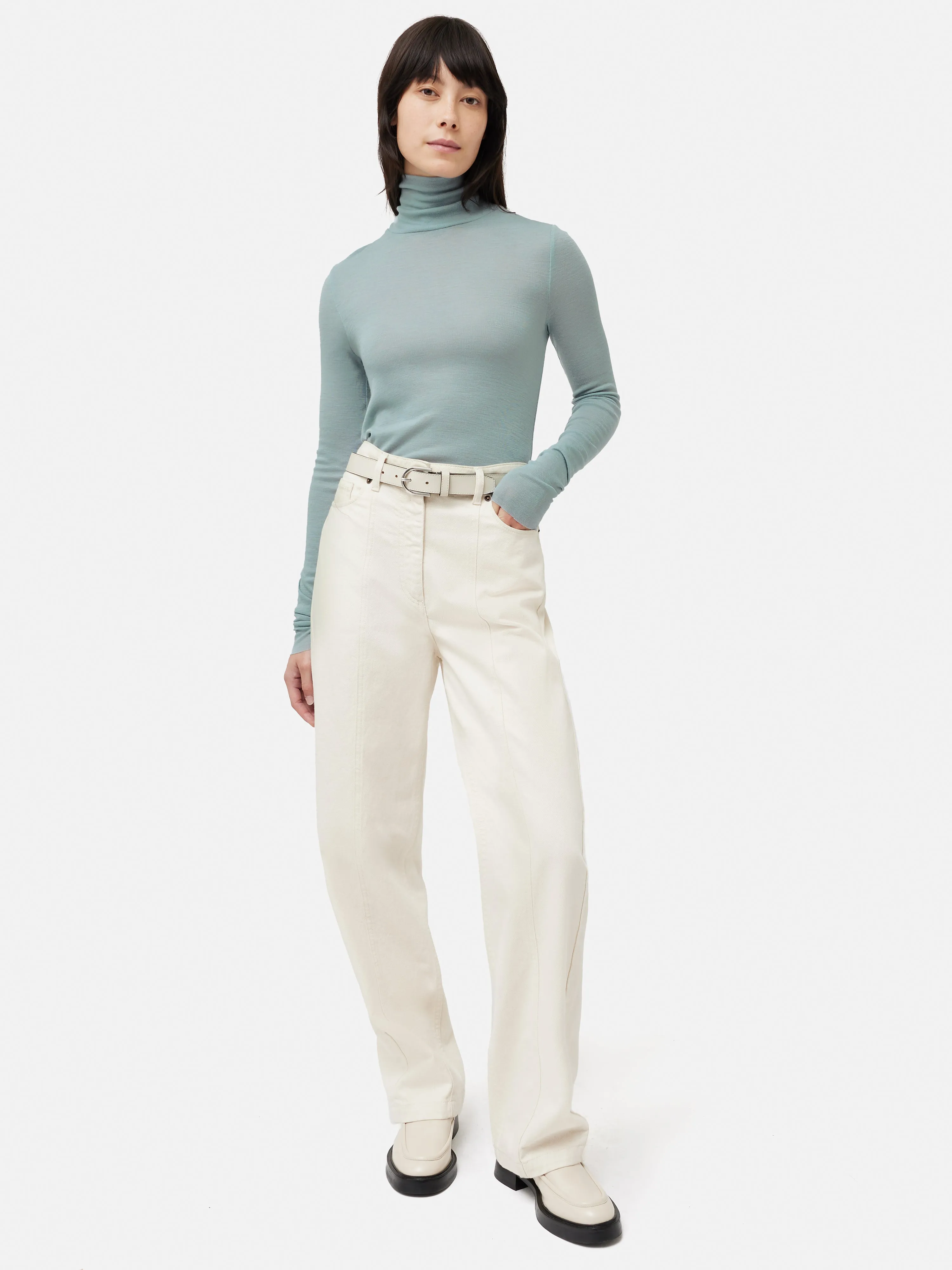 Wool Jersey Polo Neck Top | Blue