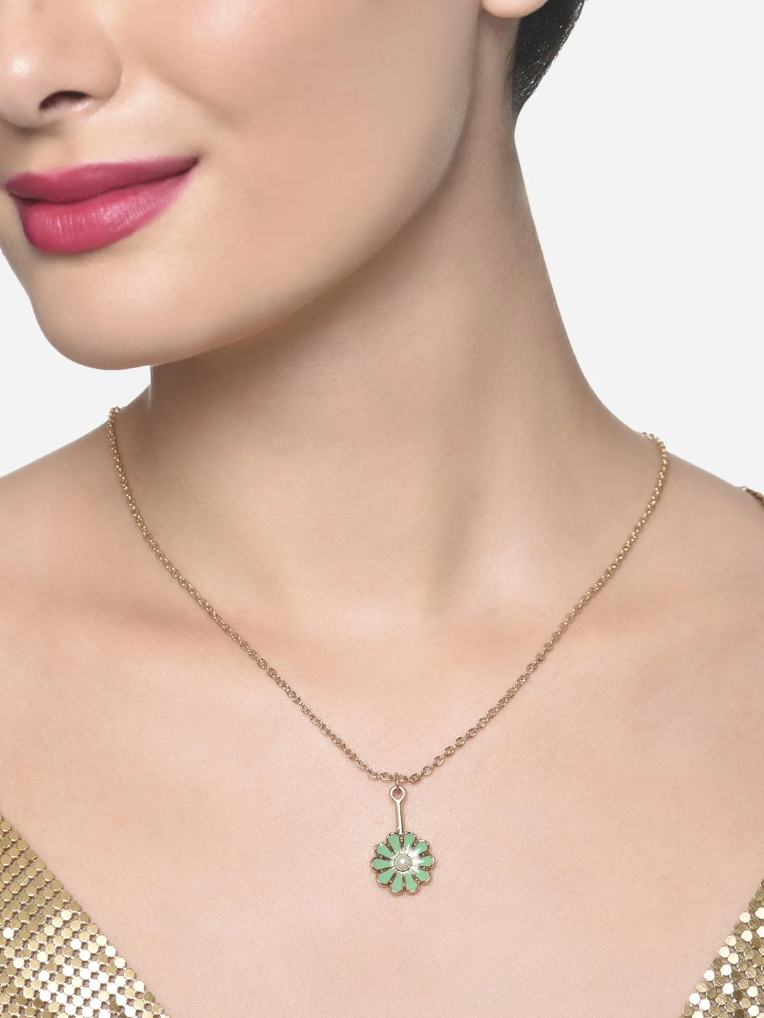 ZAVERI PEARLS Pastel Green Enamel Contemporary Flower Pendant & Chain For Women-ZPFK16244