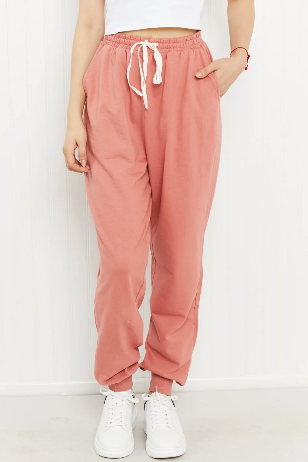 Zenana Full Size Drawstring Waist Joggers in Ash Rose